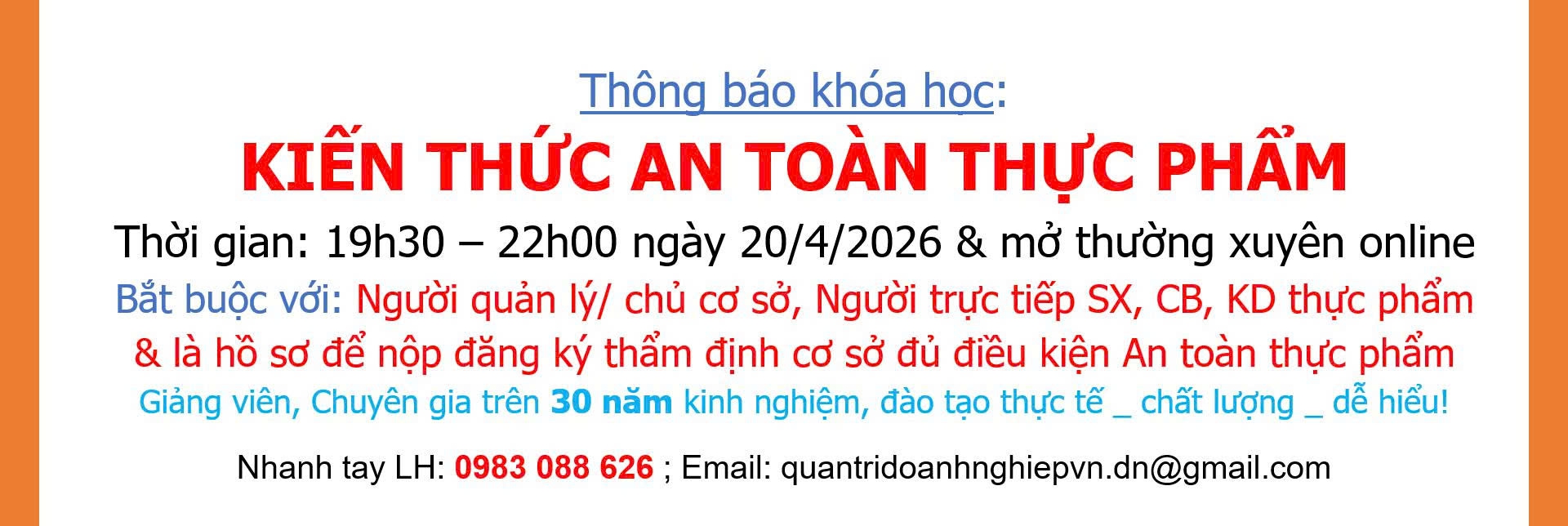 KHÓA HỌC: KIẾN THỨC AN TOÀN THỰC PHẨM